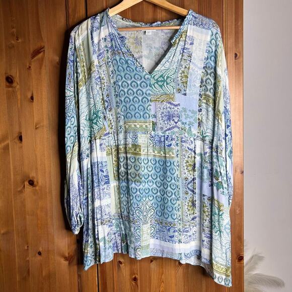 J. Jill Patchwork Blouse Women’s 2x Blue Green Long Sleeve Boho Hippie Bohemian - Picture 2 of 9